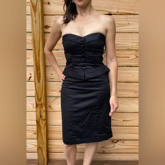 blue dress for baby girl Miss Circle Pascha Black Lace Appliqué Strapless Peplum Midi Dress Xs main image 1